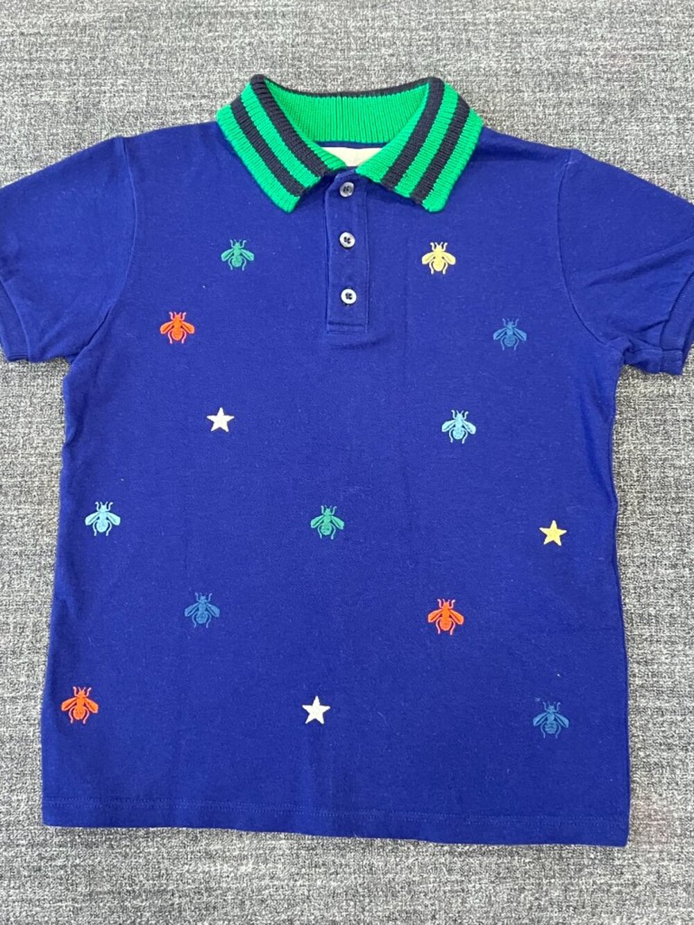 Gucci Kids Polo Shirt Size 6 Navy Green Embroidered Insect Bee Designer Top EUC